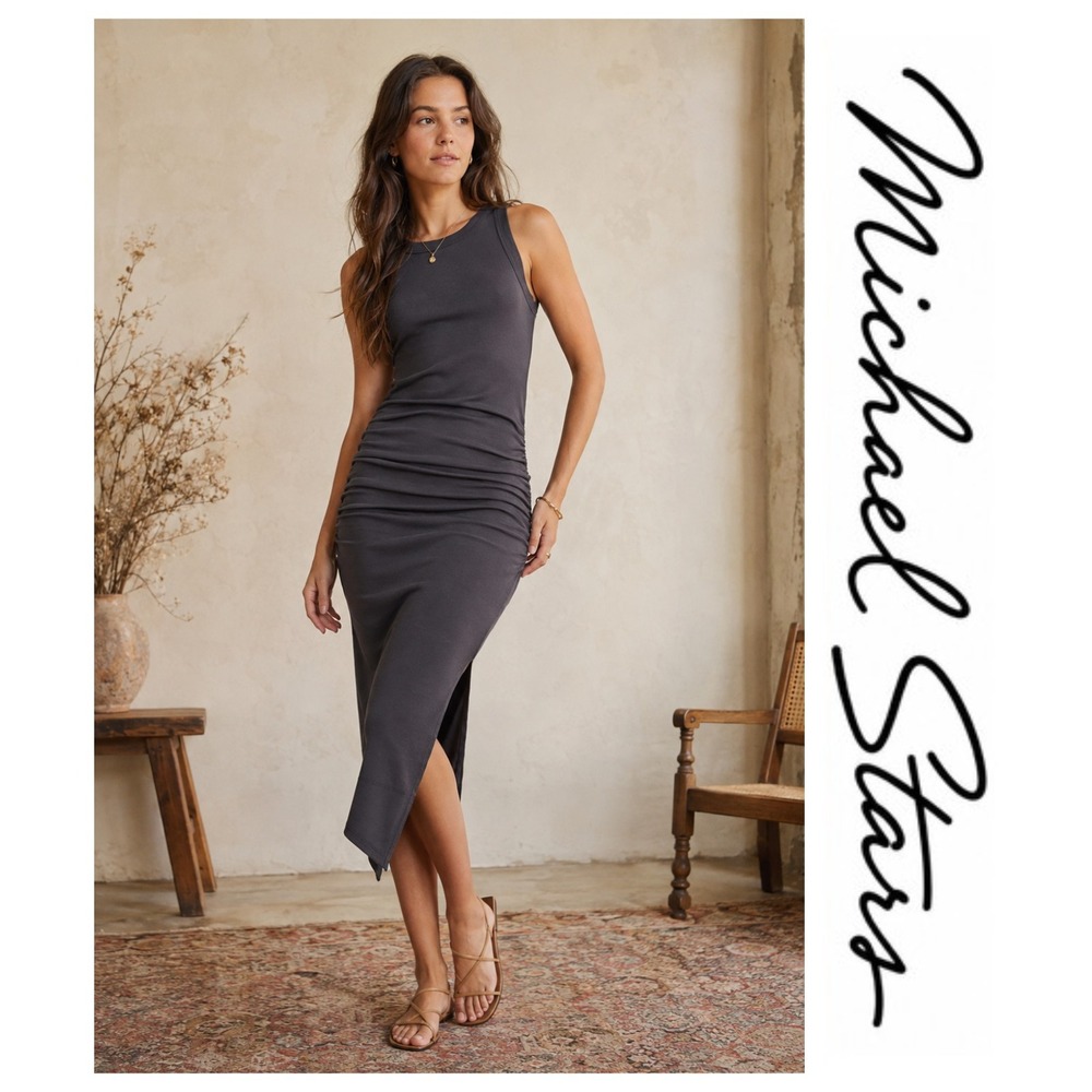Michael Stars Wren Dark Gray Ruched Stretch Ribbed Sleeveless Midi Dress L NWOT